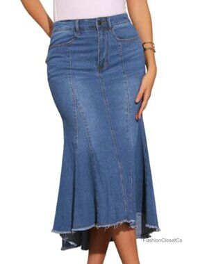 Allegra K Women's Fishtail Denim Skirt High Waist Midi Jean Skirts